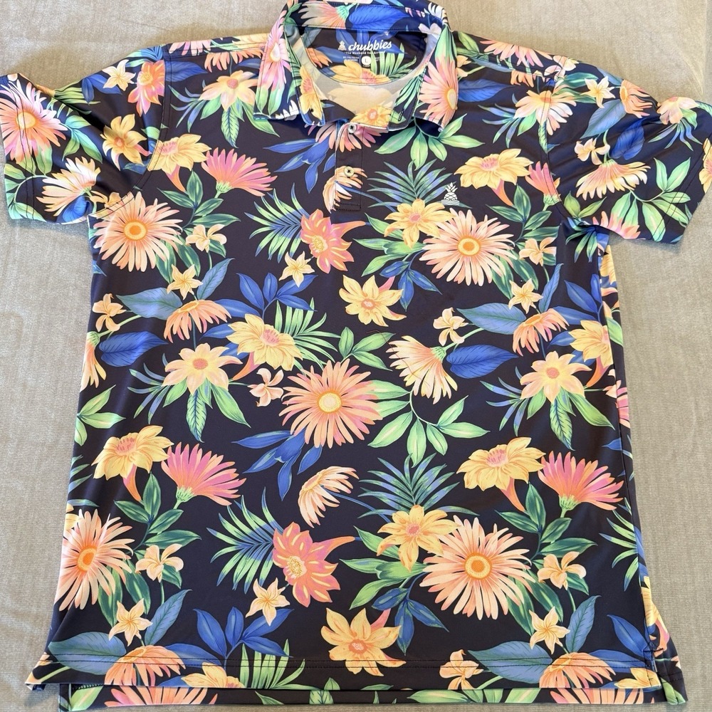 Chubbies Polo Shirt Mens Large Floral Tropical Golf Performance Stretch Navy